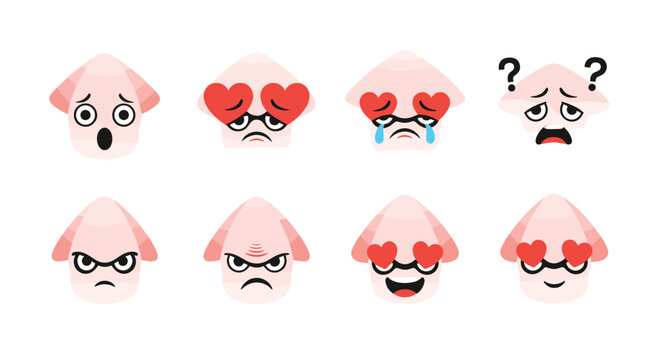 Set of eight cute squid character faces showing various emotions like surprise love crying anger and confusion.