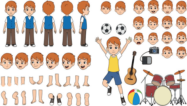 Cartoon boy character creator kit with emotions, poses, body parts, musical instruments and animation elements vector illustration set