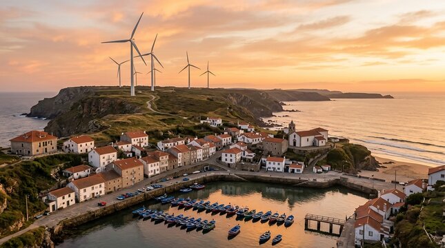 Aerial view of Luanco village with wind turbines at sunset in Asturias Spain.
