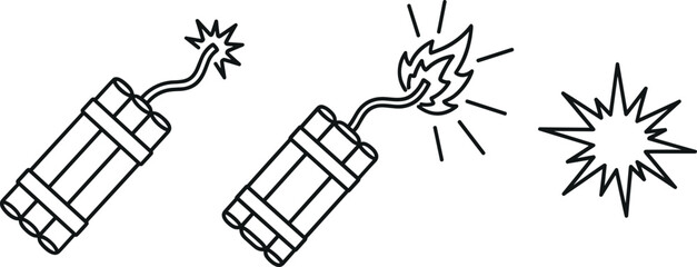 Minimalist dynamite outline icons set linear vector illustration featuring simple tnt bomb sticks with burning fuse and explosion flash spark sequence isolated on white background © ISMOTARA