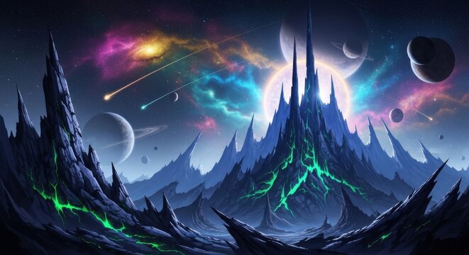Fantasy Alien Mountain Landscape Under a Starry Cosmic Sky