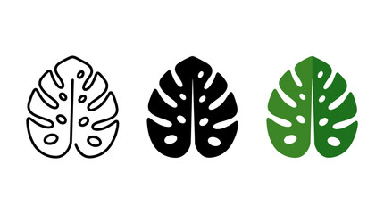 Monstera leaf icon set, black white green tropical foliage silhouettes, minimalist botanical vector symbols for logo and UI © StockSphere