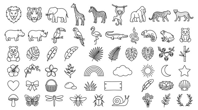 Black outline jungle animal icon set with lion, tiger, elephant, monkey, giraffe, zebra, crocodile, snake, birds, leaves and nursery nature symbols