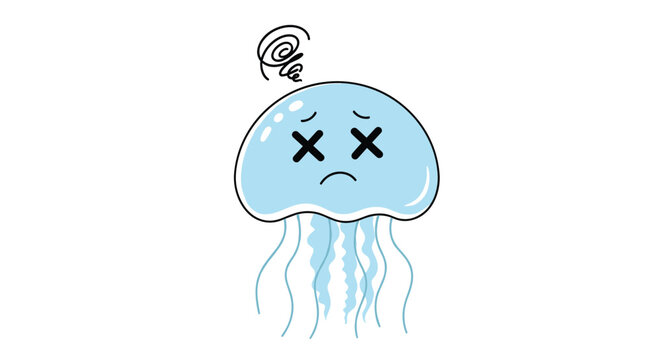 Cute light blue cartoon jellyfish with a dizzy expression and crossed out eyes representing confusion or feeling sick.