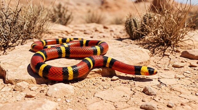 Close up of colorful coral snake resting on textured desert rock with cacti in dry landscape background.