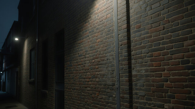 Night time brick wall background dark alley texture. Dramatic vibe with spotlight on empty building real backdrop. Bricks constructed in running bond pattern. 