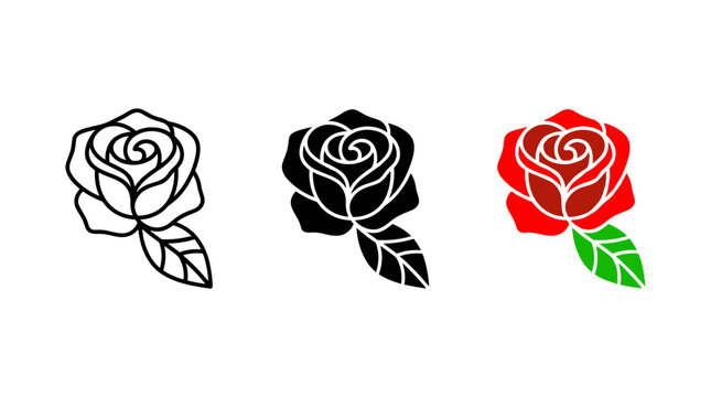 Minimal rose vector icons, red black and white floral logo symbols. Modern flat rose flower set for branding and decals