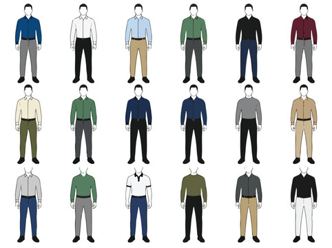 Professional men's business casual clothing set, 18 male fashion outfit icons, formal office attire vector illustrations for corporate dress code