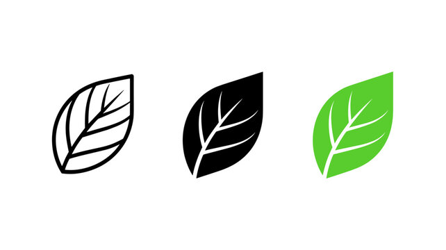 Minimal leaf icon set, black and green botanical vector symbols, modern nature logo elements for eco branding design
