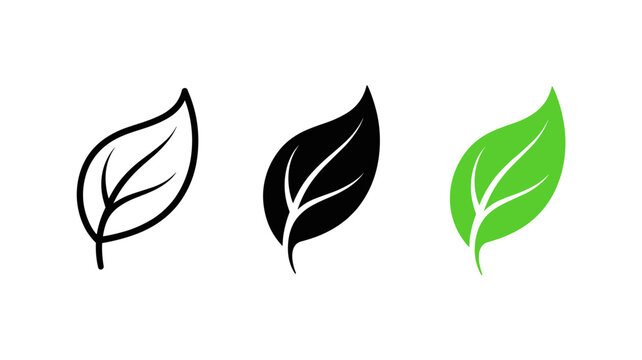 Minimal leaf outline icons in black and green, botanical logo vector symbols, simple nature design for eco branding