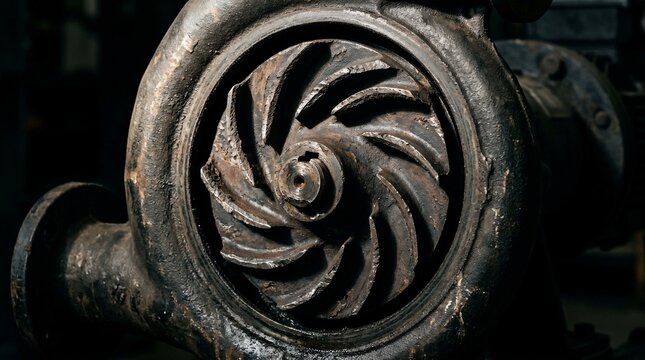 Close up of an old weathered industrial pump impeller mechanism.