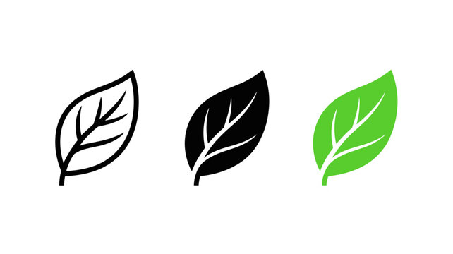 Minimal leaf logo icons in black and green, vector nature symbol set, modern eco branding marks for packaging and web