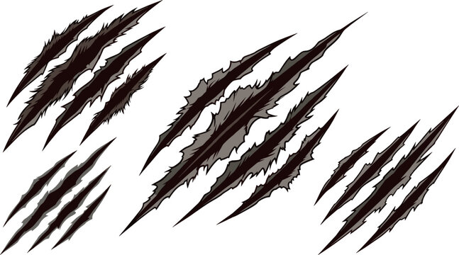 Monster claw marks scratch vector set with wild animal rip slits and shredded paper cuts for aggressive design elements