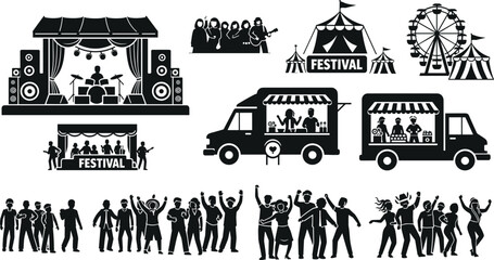 Music festival silhouette vector elements set with concert stage food trucks circus tent ferris wheel and dancing crowd people © ISMOTARA