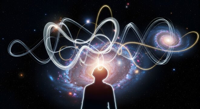 Cosmic consciousness man, spiritual awakening of human mind, universe and galaxy, soul energy power, meditation and enlightenment, imagination in space.