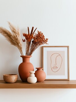 Close up of a wooden shelf styled with terracotta vases, dried flowers, and a framed line art portrait against a neutral wall background