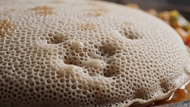 Closeup of Injera bread with bubbly texture and stewed vegetables.