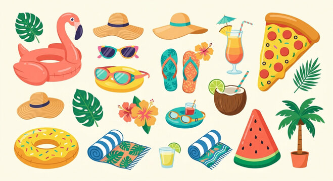 Summer icons, beach symbols, tropical vacation elements, colorful illustrations isolated on Transparent Background
