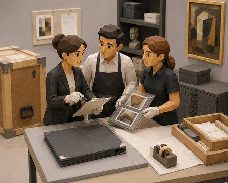 Art loan registrar reviewing crate checklist with staff
