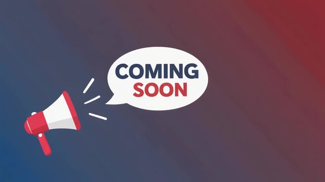 Red/white megaphone with "Coming Soon" speech bubble on gradient backdrop