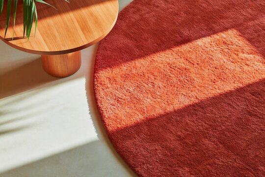 Overhead view of a deep terra rossa round rug beside a wooden table with a circular top and a green plant, showcasing texture and color contrast in a modern interior setting