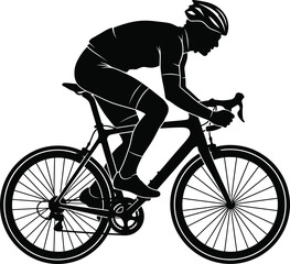 Fototapeta premium Cyclist silhouette riding a road bicycle wearing helmet in dynamic racing action pose professional sports isolated vector