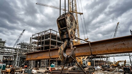 Fototapeta premium Heavy construction crane lifting steel beam at building site.