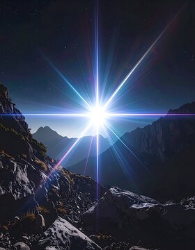 Mountainous landscape featuring a bright starburst effect on a clear, dark night above a rocky ravine