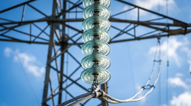High voltage glass electrical insulator on transmission pylon tower.