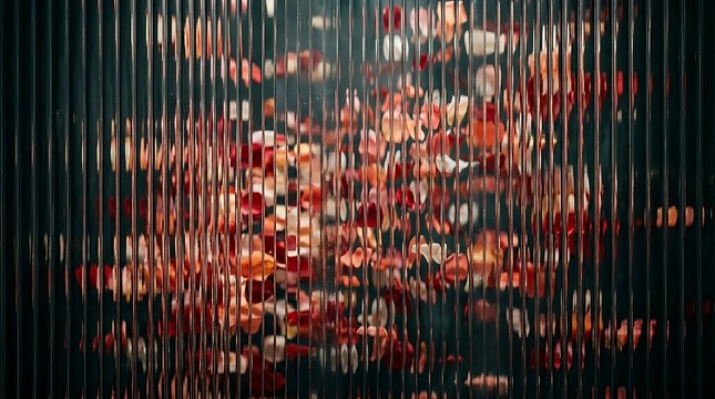 Abstract red and orange light pattern viewed through a vertical textured glass screen with abstract