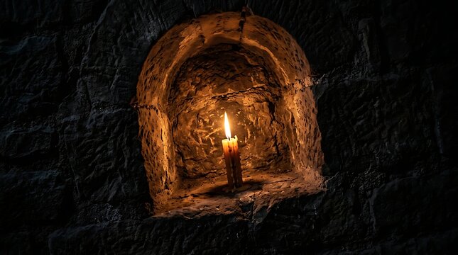 Lit candle glowing inside an ancient stone wall niche