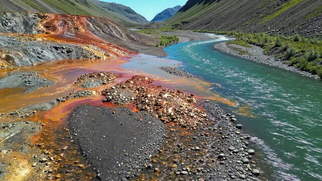 Dramatic aerial view of a vibrant orange and blue river meeting in a valley surrounded by green hills under a bright sky