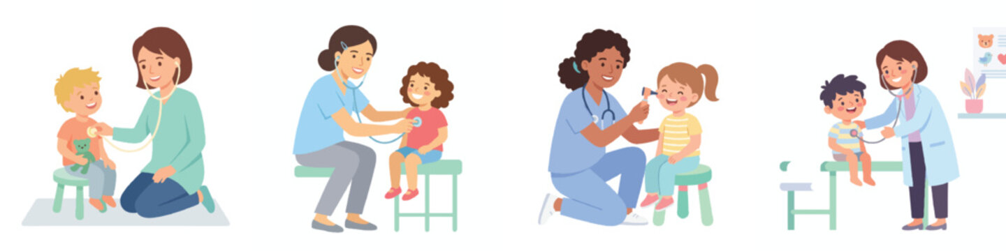 A pediatrician gently examining a smiling child, flat design, simple and minimalist, no outline, vibrant pastel colors, plain white background, clean vector art.
