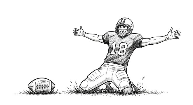 Celebrating Football Player Kneeling With Arms Outstretched After Touchdown.