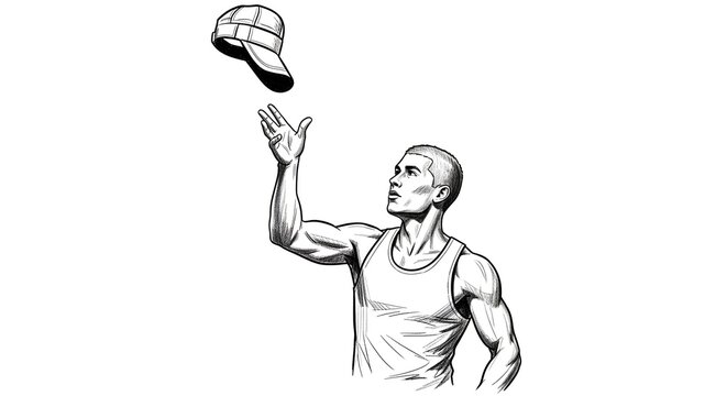 Athletic man catching a baseball cap in action pose.