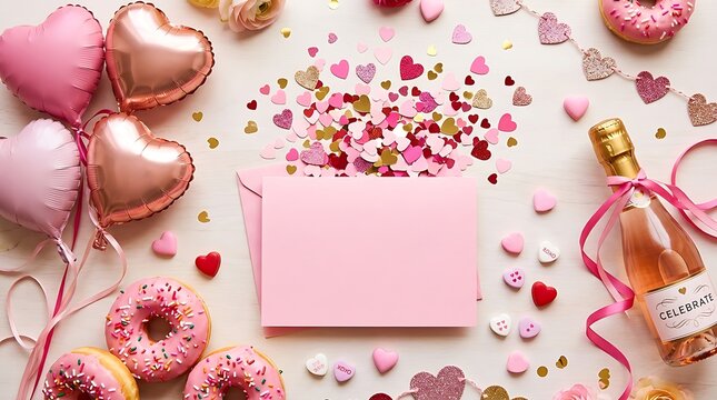 Festive pink celebration flat lay with blank card and heart balloons
