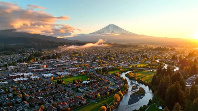 Aerial view of a picturesque town nestled in a valley with a majestic mountain and river at sunrise