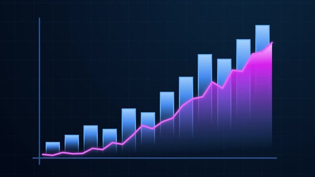 Business growth chart with rising bar graph and uptrend neon line. Illustrating revenue increase, market performance, and positive statistics for finance, analytics, and investment presentations