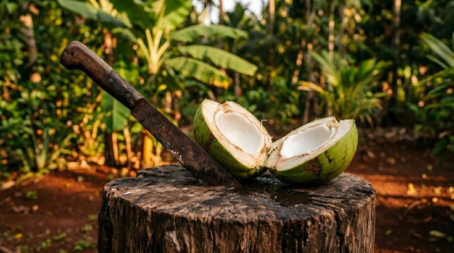 Fresh green coconut cut in half with large rusty machete on weathered wooden tree stump.