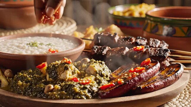 Delicious Ethiopian Food Platter with Injera and Meat Skewers.