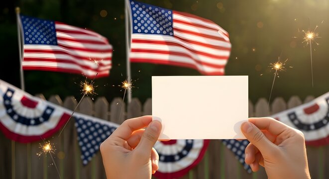 Hands holding a blank white card against a festive fourth of july background with american flags, bunting, and sparkling fireworks in the warm sunlight