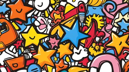 Obraz premium Doodle Art Extravaganza: A vibrant explosion of hand-drawn whimsical doodles, featuring smiling stars, playful clouds, and energetic shapes, creating a chaotic yet cheerful mosaic.