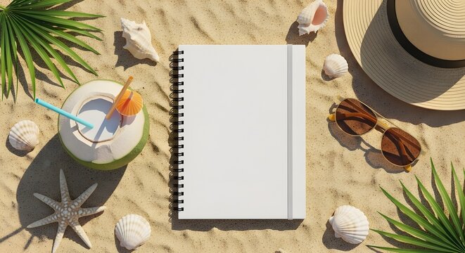 Top view of a blank spiral notebook on sandy beach with coconut drink, sunglasses, hat, starfish, and seashells summer vacation concept