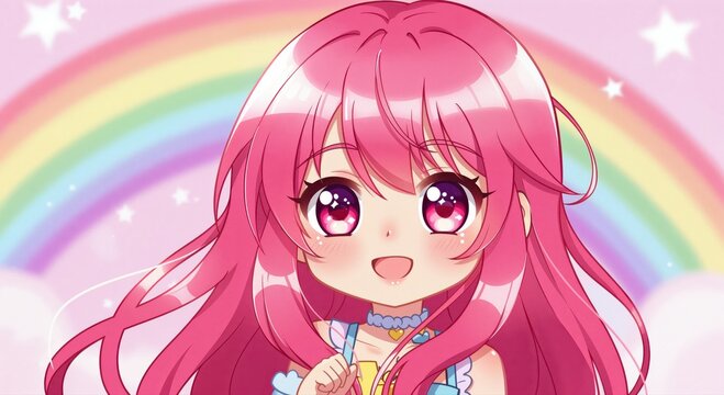 Kawaii Girl with Pink Hair and Rainbow Background: A cute anime girl with long, flowing pink hair and big, expressive pink eyes smiles sweetly.