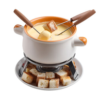 Traditional fondue pot with melted cheese and wooden forks on burner at dinner setting