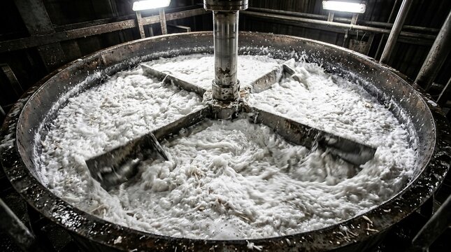 Industrial paper pulp mixing process in large tank.