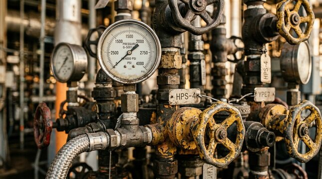 Industrial piping system with pressure gauges and metal valves.