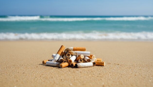 Discarded Cigarettes on a Sandy Beach: A pile of used cigarette butts lies on a pristine sandy beach, with gentle waves lapping the shore and a clear blue sky above.