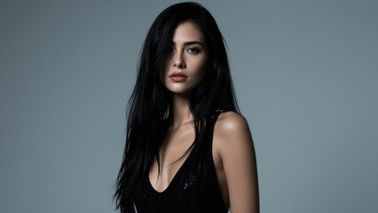 Naklejka premium Elegant Portrait: A striking young woman with long, dark hair and a thoughtful expression poses in a studio setting, exuding confidence and allure. Her deep V-neck top highlights her shoulders.