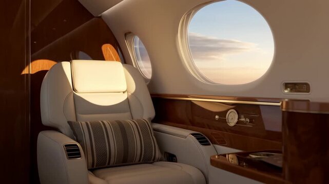 Chair Inside a Private Jet with a Window View of the Sky and a Table with a Clock and Accessories Featuring Luxury, Interior, Seating with Airplane
